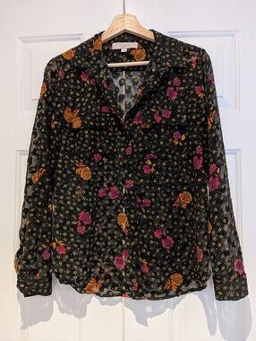 Whimsigoth Dark Romance Moody Florals LOFT Sheer Black Polka Dot Blouse Top S